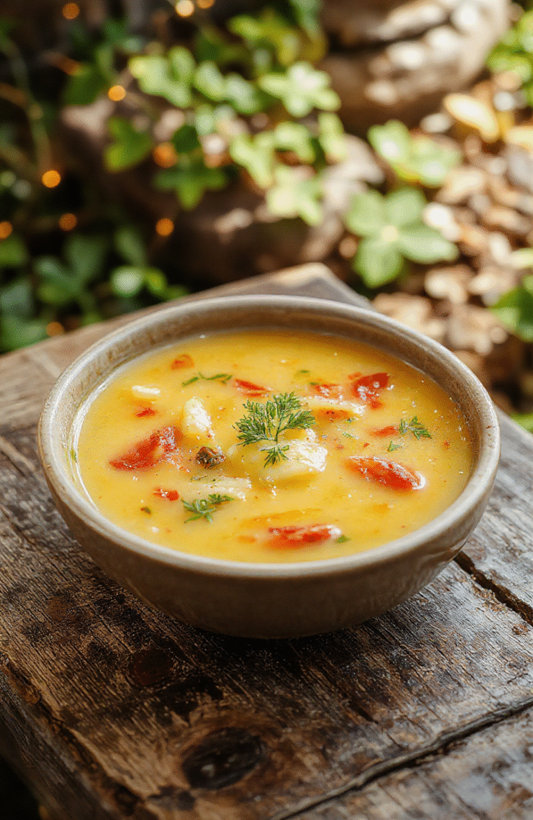 Vibrant, colorful bowl of soup with a rich, clear broth topped with fresh herbs, magical glowing elements like luminous herbs or enchanted sparkles, surrounded by fresh vegetables and herbs on a rustic wooden table, styled in a whimsical, fairy-tale inspired setting with soft, mystical lighting.