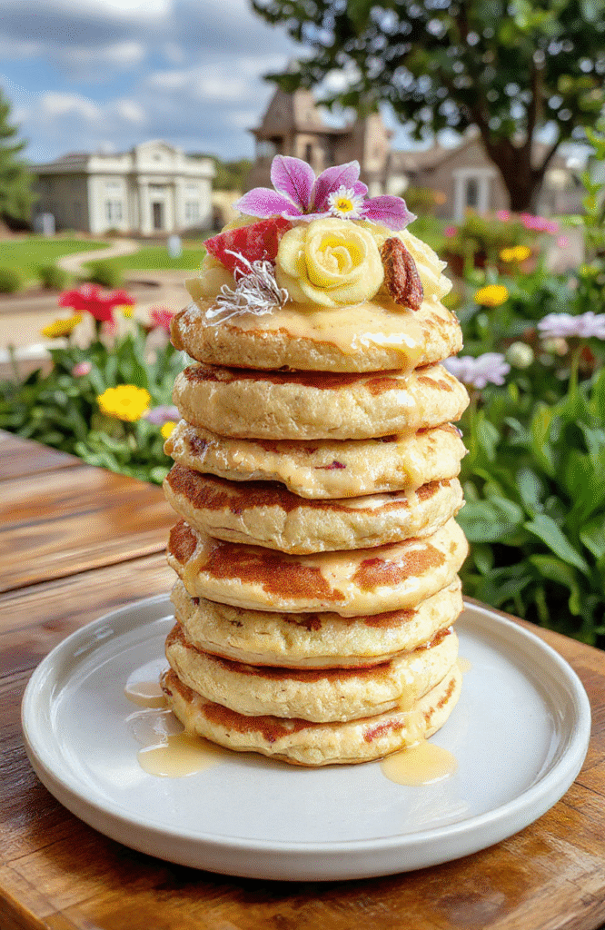 Colorful pancake tower resembling Rapunzel's tower with vibrant pastel pancakes stacked high, drizzled with caramel and topped with edible flowers and fairy tale themed decorations, on a whimsical plate placed on a rustic wooden table, soft natural light highlighting textures.