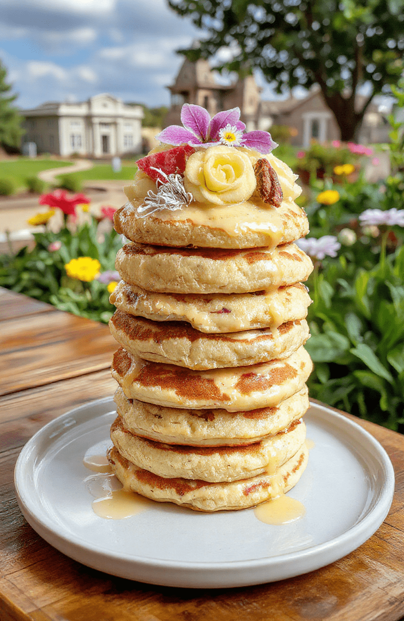 Colorful pancake tower resembling Rapunzel's tower with vibrant pastel pancakes stacked high, drizzled with caramel and topped with edible flowers and fairy tale themed decorations, on a whimsical plate placed on a rustic wooden table, soft natural light highlighting textures.