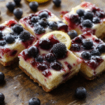 A vibrant platter of Ravenclaw Blueberry Lemon Cheesecake Bars featuring bright yellow lemon glaze, plump blueberries, and a crumbly crust. The bars are sliced into neat squares, showcasing their creamy, textured layers topped with a drizzle of lemon glaze and fresh blueberries, styled on a rustic wooden board with scattered blueberries and lemon zest.
