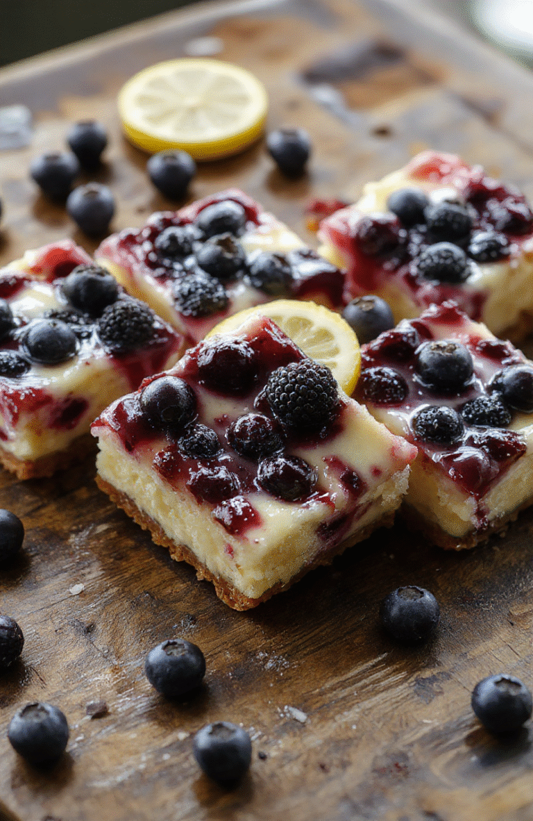 A vibrant platter of Ravenclaw Blueberry Lemon Cheesecake Bars featuring bright yellow lemon glaze, plump blueberries, and a crumbly crust. The bars are sliced into neat squares, showcasing their creamy, textured layers topped with a drizzle of lemon glaze and fresh blueberries, styled on a rustic wooden board with scattered blueberries and lemon zest.