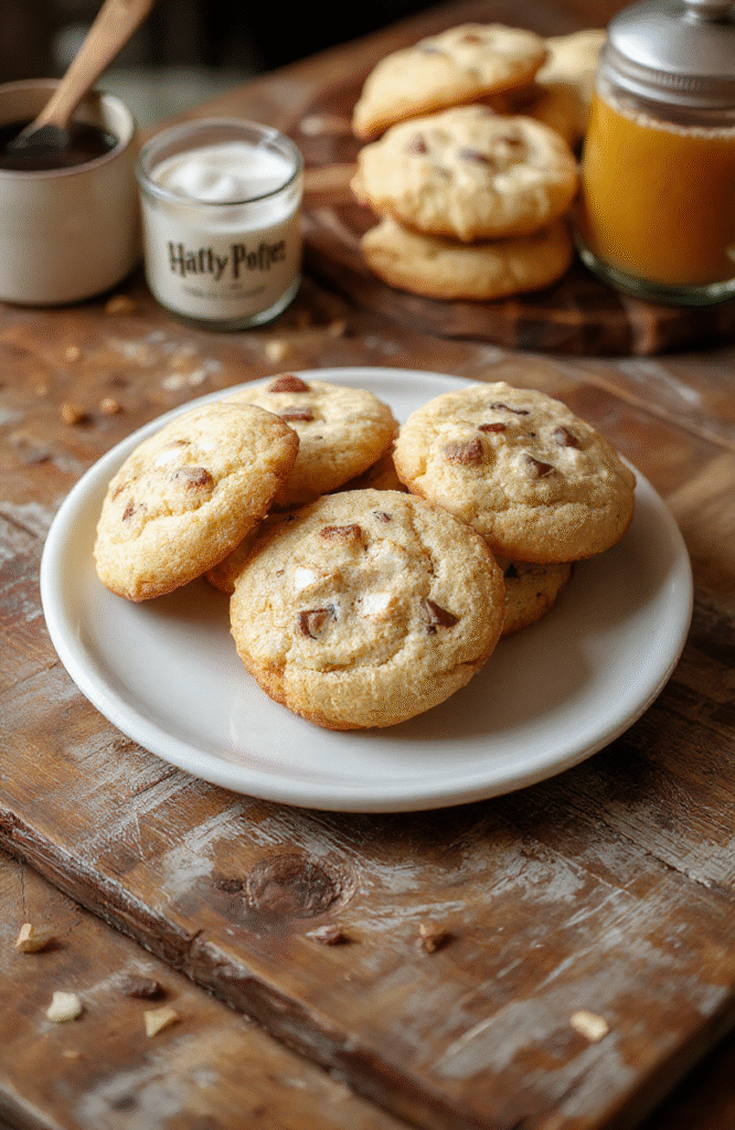 Golden-brown Butterbeer Cookies with caramelized edges, topped with a light drizzle of butterscotch glaze on a rustic wooden plate, surrounded by tiny marshmallows and sprinkled with cinnamon, creating a cozy, magical bakery presentation.