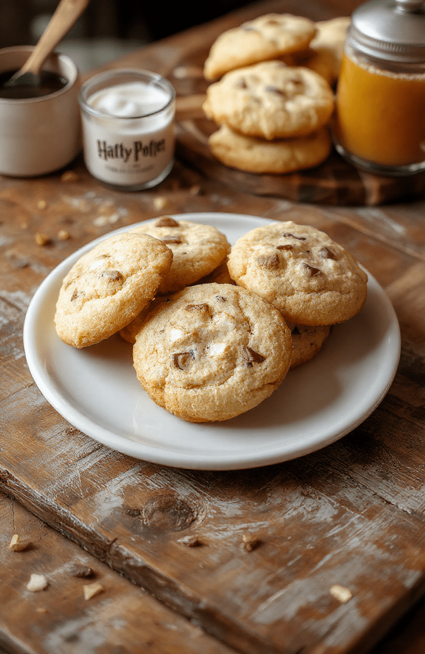 Golden-brown Butterbeer Cookies with caramelized edges, topped with a light drizzle of butterscotch glaze on a rustic wooden plate, surrounded by tiny marshmallows and sprinkled with cinnamon, creating a cozy, magical bakery presentation.