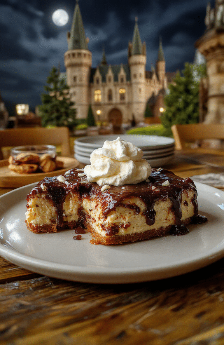 A slice of Ravenclaw Midnight Butterbeer Cheesecake topped with shimmering silver sugar dust, vibrant blue and gold hues, creamy texture, garnished with edible glitter, on an elegant plate with a Hogwarts-inspired backdrop