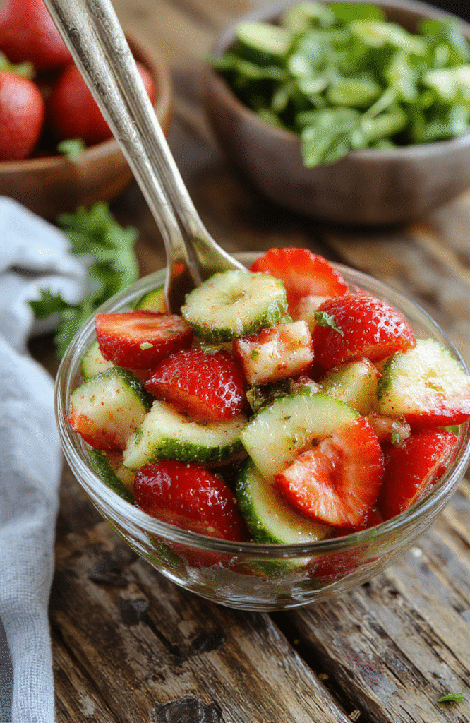 A vibrant summer salad featuring sliced cucumbers and fresh strawberries arranged in a white ceramic bowl. The colorful ingredients are topped with fresh mint leaves, drizzled with a light honey vinaigrette, and styled on a rustic wooden table. The textures of crisp cucumbers and juicy strawberries are visible, with a bright, fresh aesthetic perfect for warm weather dining.