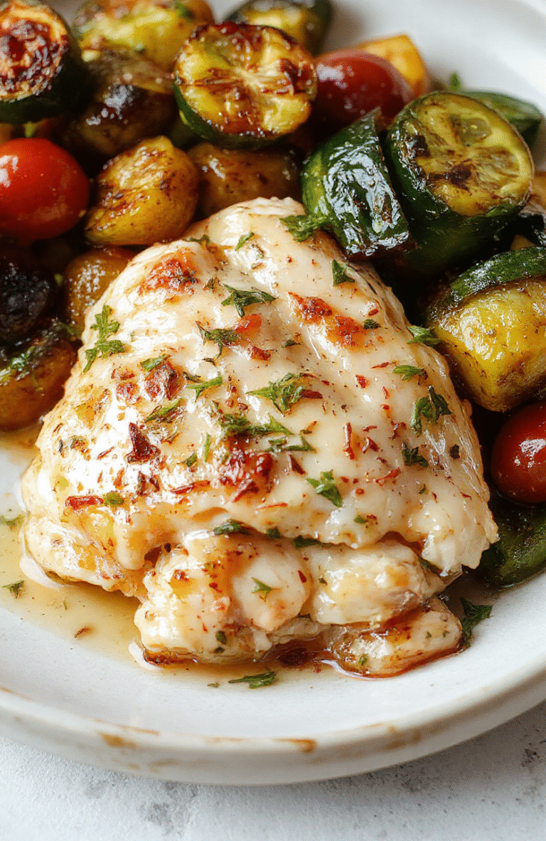 A vibrant plate featuring rosemary chicken glazed with Dijon mustard, garnished with fresh rosemary sprigs. The chicken has a golden crust with visible herbs, served alongside colorful roasted vegetables with a light drizzle of sauce. The dish is elegantly plated on a rustic white ceramic plate, styled on a wooden table with natural lighting highlighting textures and colors.