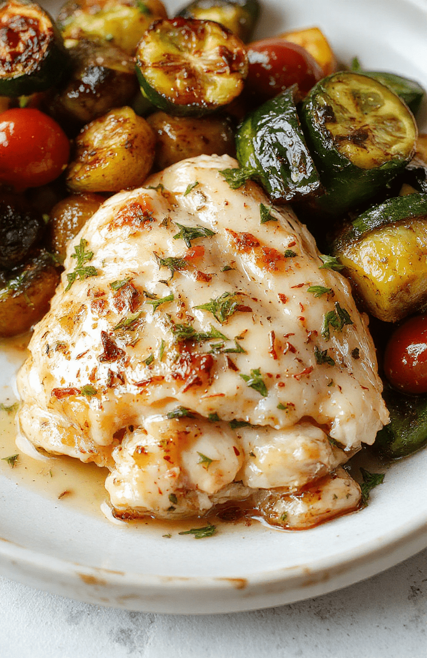 A vibrant plate featuring rosemary chicken glazed with Dijon mustard, garnished with fresh rosemary sprigs. The chicken has a golden crust with visible herbs, served alongside colorful roasted vegetables with a light drizzle of sauce. The dish is elegantly plated on a rustic white ceramic plate, styled on a wooden table with natural lighting highlighting textures and colors.