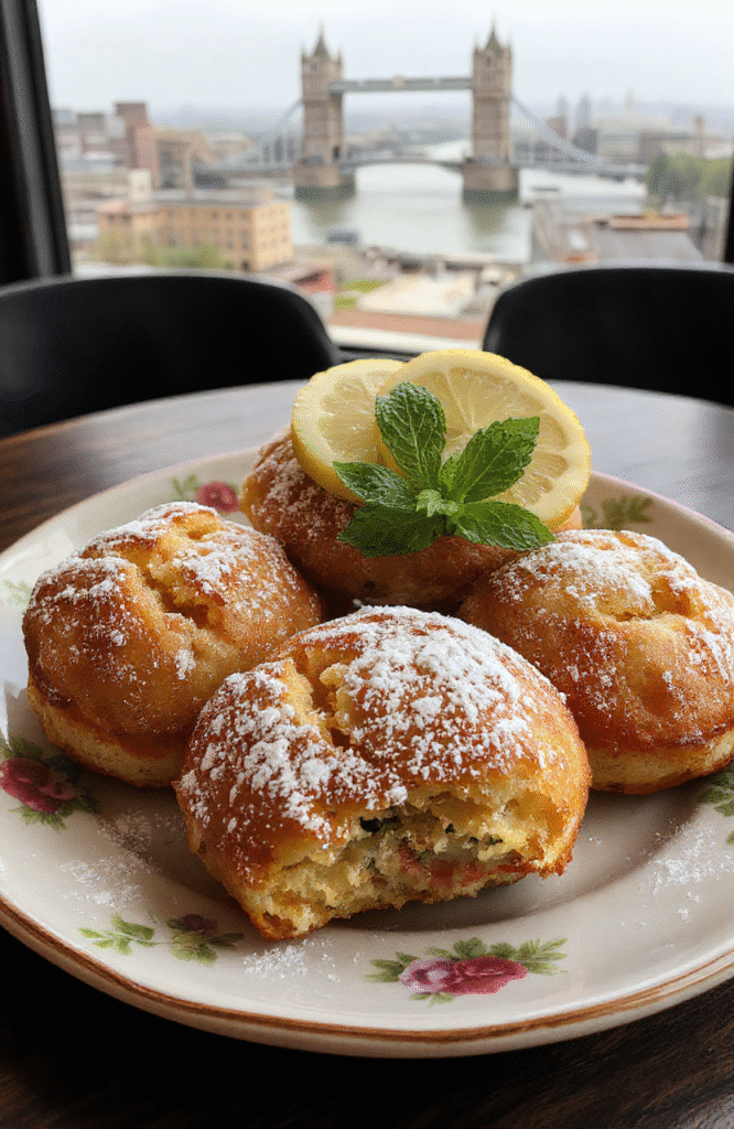 A plate of Sherlock Holmes Foggy London Tea Cakes featuring golden-brown, crumbly exterior with a delicate dusting of powdered sugar, garnished with fresh mint leaves and lemon slices on a vintage blue ceramic plate, set against a dark wooden table with a foggy London skyline backdrop, evoking a Victorian melancholy and cozy teatime ambiance.