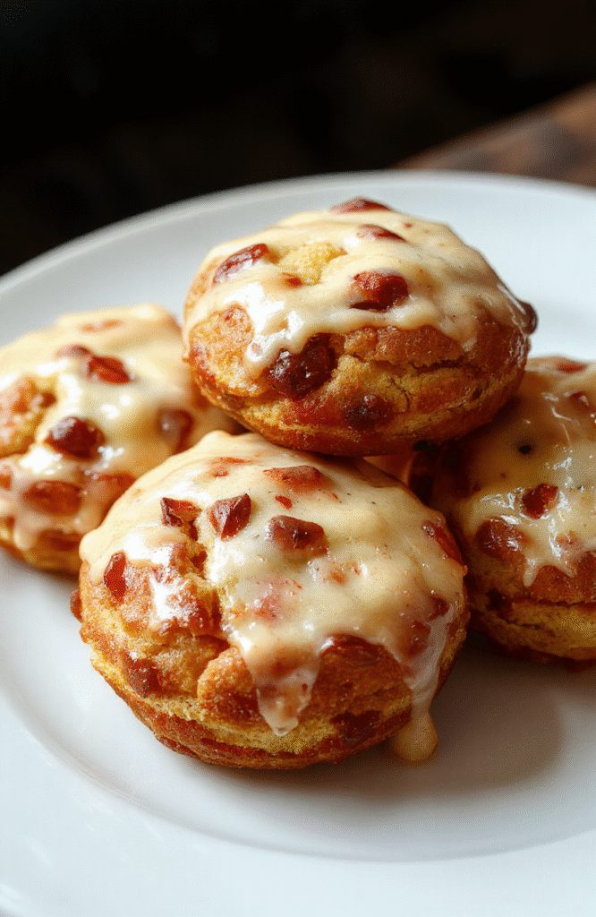 Colorful Foggy London Tea Cakes arranged on a vintage plate with a lace doily, showcasing their textured frosting, decorative edible pearls, and charming Victorian-inspired design, set against a dark antique wood table with soft, warm ambient lighting.
