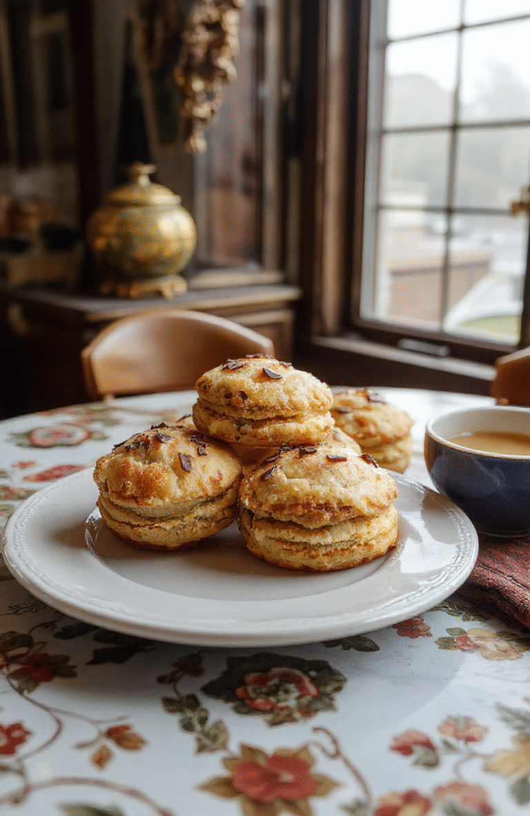 A delicate plate of Sherlock Holmes Foggy London Tea Cakes featuring small, elegant sponge cakes dusted with powdered sugar, garnished with fresh berries and sprigs of mint, styled on a vintage silver tray with a Victorian-style tea set in the background. The scene is soft-lit, emphasizing the nostalgic and refined atmosphere, with a subtle hint of foggy London streets outside the window.
