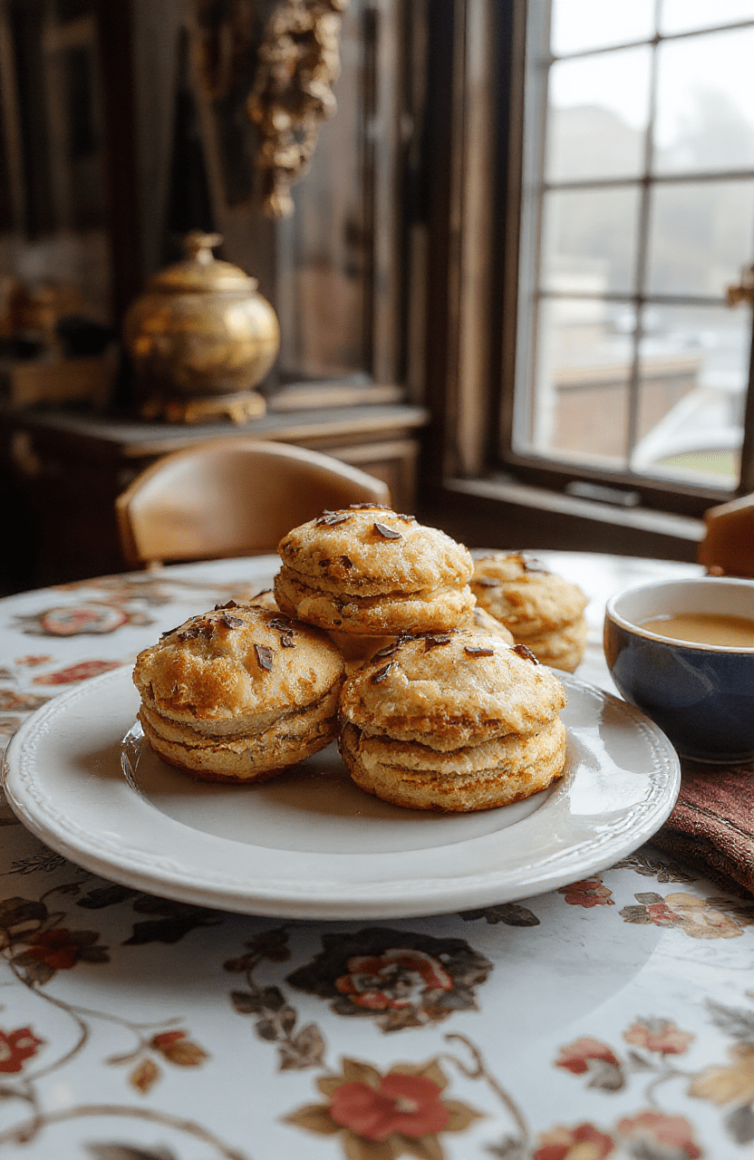 A delicate plate of Sherlock Holmes Foggy London Tea Cakes featuring small, elegant sponge cakes dusted with powdered sugar, garnished with fresh berries and sprigs of mint, styled on a vintage silver tray with a Victorian-style tea set in the background. The scene is soft-lit, emphasizing the nostalgic and refined atmosphere, with a subtle hint of foggy London streets outside the window.