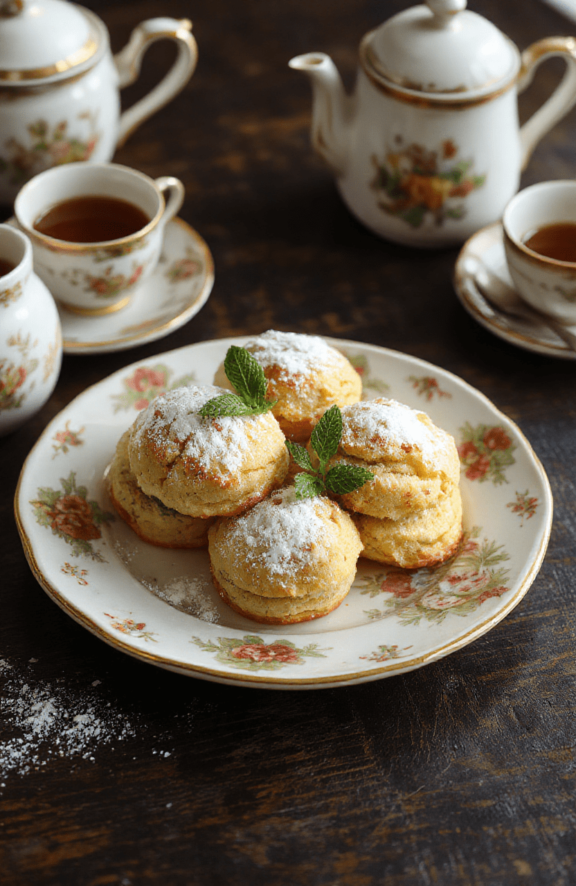 A pair of elegant Foggy London Tea Cakes on a vintage floral plate, topped with powdered sugar and a sprig of fresh mint, set against a dark wooden background with Victorian style tea accessories nearby.