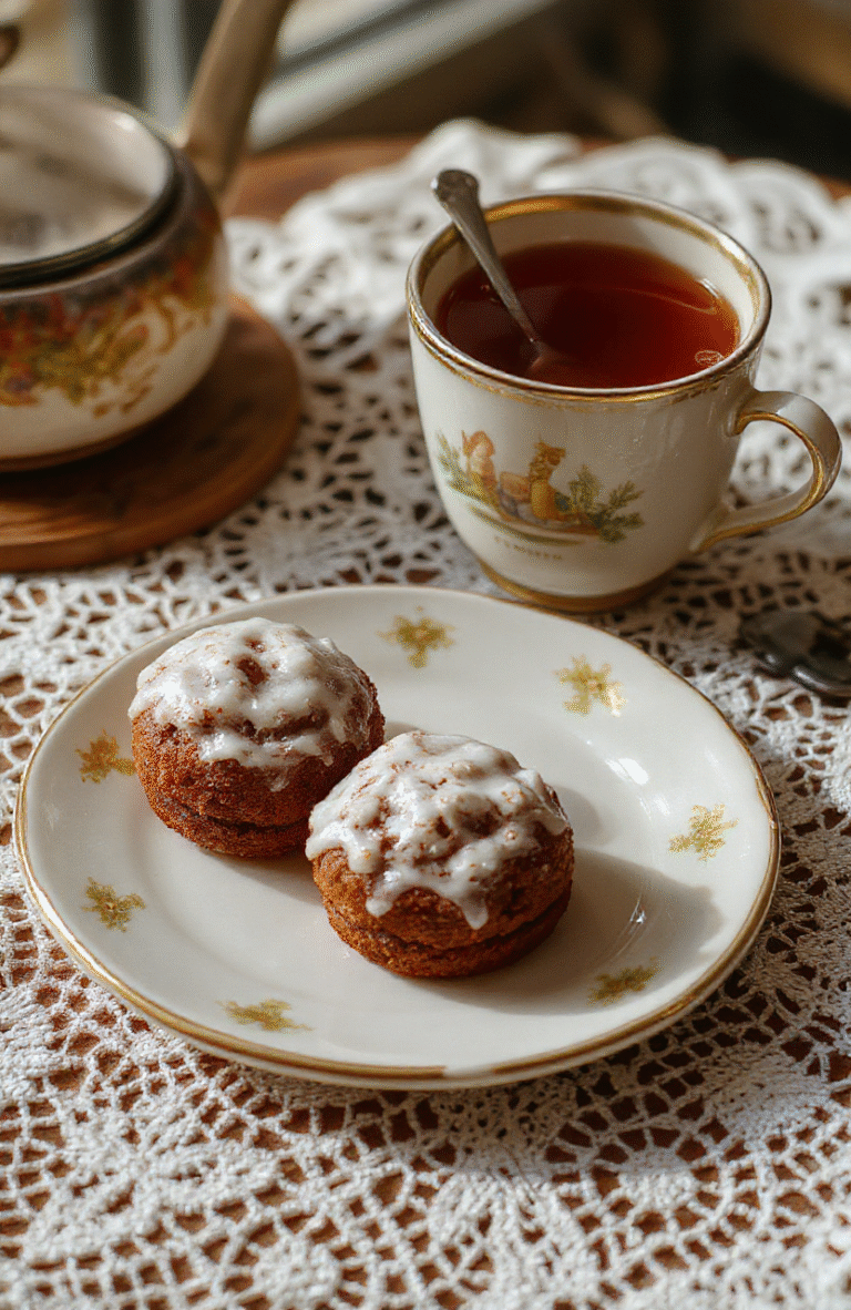 A plate of Sherlock Holmes Foggy London Tea Cakes with delicate, golden-brown crusts, dusted lightly with powdered sugar, arranged on vintage china. The cupcakes feature whimsical Sherlock-themed toppers, nestled on a dark wooden tray with a steaming cup of tea beside them. The scene has a cozy, Victorian-inspired ambiance with soft, warm lighting and an antique lace tablecloth.