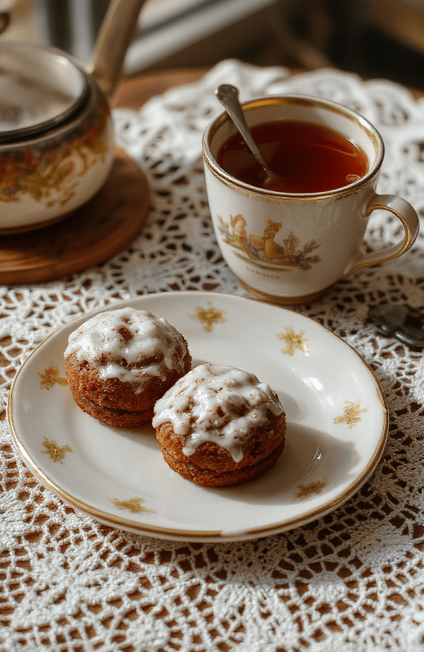 A plate of Sherlock Holmes Foggy London Tea Cakes with delicate, golden-brown crusts, dusted lightly with powdered sugar, arranged on vintage china. The cupcakes feature whimsical Sherlock-themed toppers, nestled on a dark wooden tray with a steaming cup of tea beside them. The scene has a cozy, Victorian-inspired ambiance with soft, warm lighting and an antique lace tablecloth.