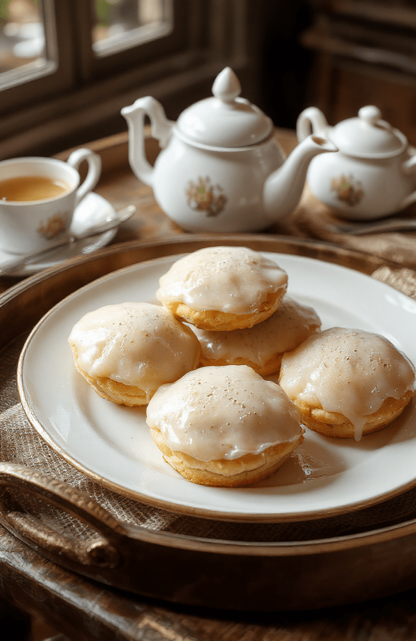 A plate of foggy London tea cakes featuring delicate, flaky pastries dusted with powdered sugar and garnished with fresh berries, set on a vintage tea tray with a steaming teapot in the background, ambient warm lighting highlighting the rich textures and elegant presentation.