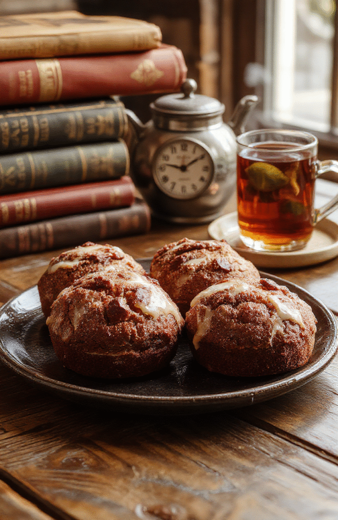 A plate of Foggy London Tea Cakes features delicate, golden-brown pastries topped with powdered sugar and a hint of citrus peel, arranged elegantly on a vintage china plate. The background includes a Victorian-style teacup and a miniature model of London's Big Ben, with soft natural lighting enhancing the warm, inviting textures and rich colors of the cakes and accessories.