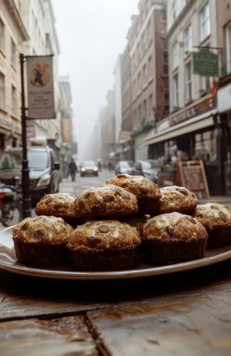 Colorful Foggy London Tea Cakes arranged elegantly on a vintage tray, featuring detailed icing and delicate toppings, with a subtle Victorian-themed backdrop, vibrant hues, and a charming, cozy ambiance