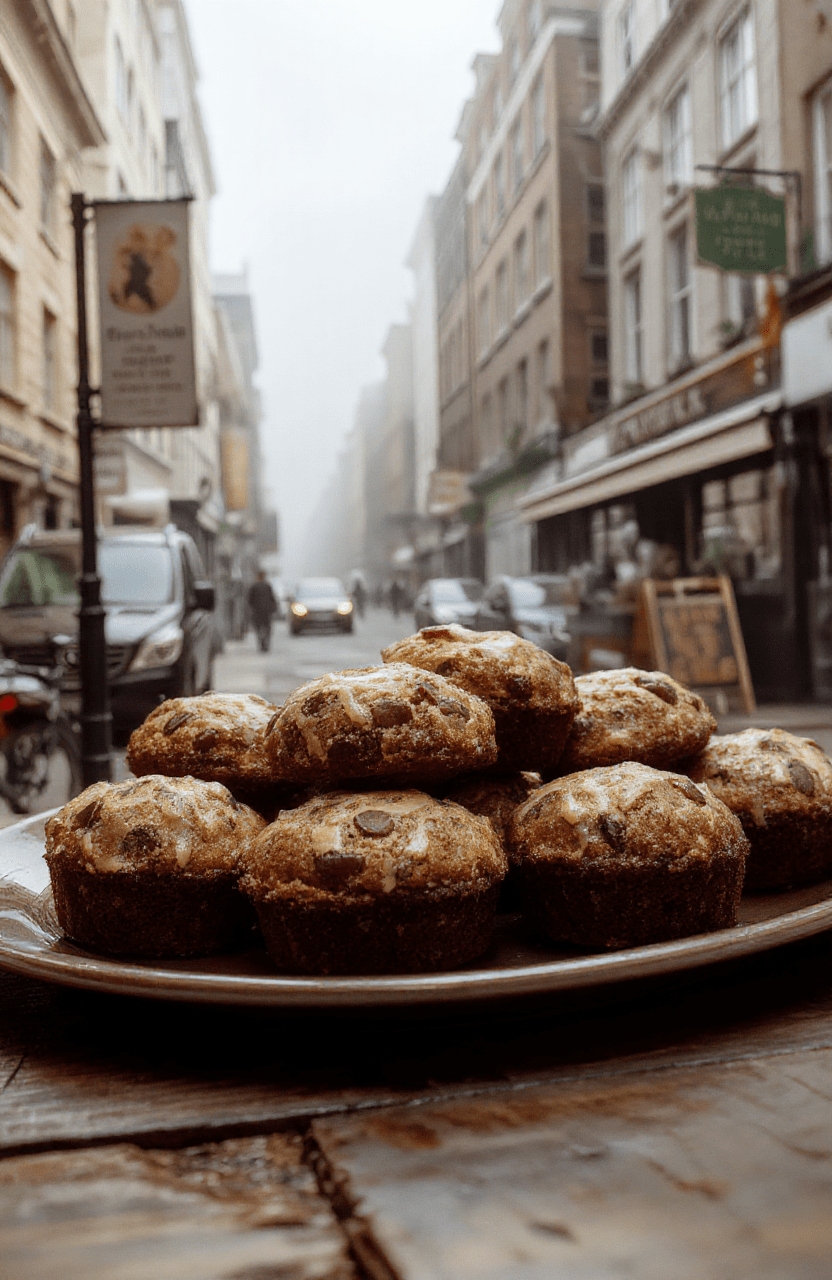 Colorful Foggy London Tea Cakes arranged elegantly on a vintage tray, featuring detailed icing and delicate toppings, with a subtle Victorian-themed backdrop, vibrant hues, and a charming, cozy ambiance