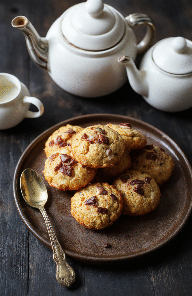A charming plate of Foggy London Tea Cakes featuring golden-brown crusts, delicate dusting of powdered sugar, and a side of fresh berries on a vintage ceramic plate. The cakes are styled with a Victorian-inspired tea setting, with vintage teaspoons and a teacup, all atop a dark wooden table with a cozy, old-world ambiance.