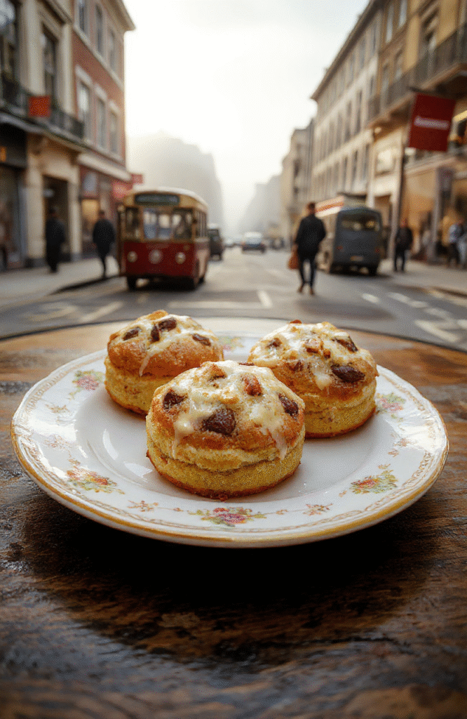 A beautifully arranged plate of Sherlock Holmes Foggy London Tea Cakes featuring delicate scones topped with clotted cream and lemon curd, set on vintage china with a foggy London street scene in the background, soft natural light highlighting the textures and colors of the pastries and tea, evoking a cozy Victorian ambiance.