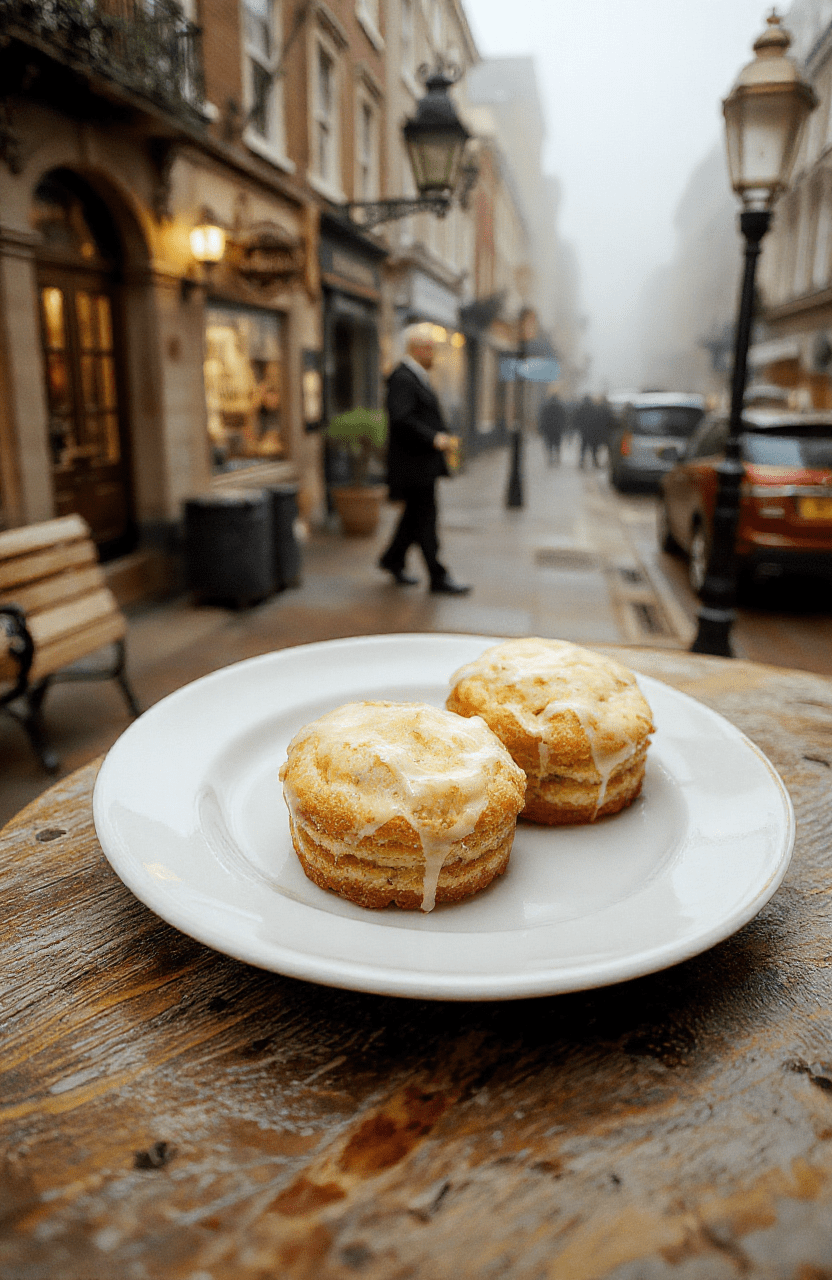 Colorful foggy London fog-inspired tea cakes arranged on a vintage silver platter, topped with icing and decorative sugar, set against a dark wooden table with subtle Victorian decor elements, styled in an elegant, mysterious atmosphere.