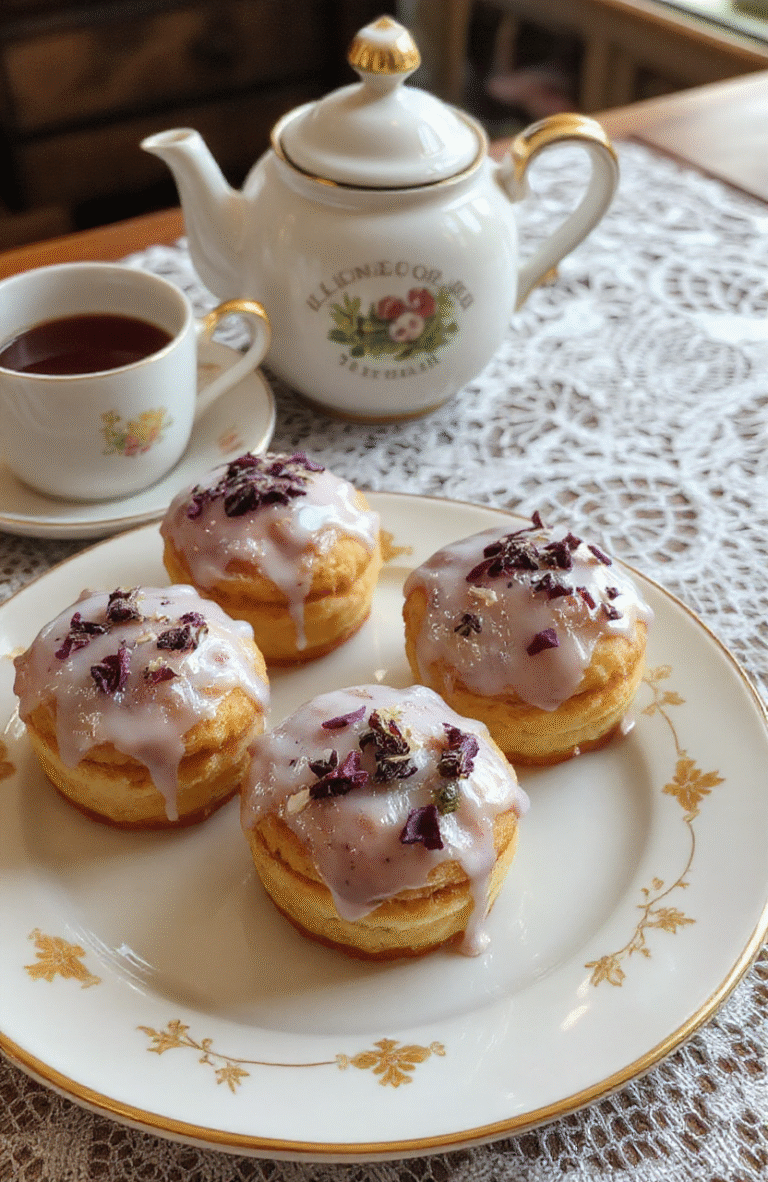 Elegant London Fog Tea Cakes arranged on a white porcelain plate with delicate golden edges, topped with a drizzle of lavender glaze and tiny edible flowers. The background features a softly blurred vintage teacup and a lace tablecloth, evoking a cozy Victorian tea room ambiance.