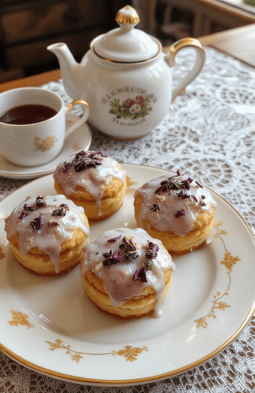 Elegant London Fog Tea Cakes arranged on a white porcelain plate with delicate golden edges, topped with a drizzle of lavender glaze and tiny edible flowers. The background features a softly blurred vintage teacup and a lace tablecloth, evoking a cozy Victorian tea room ambiance.