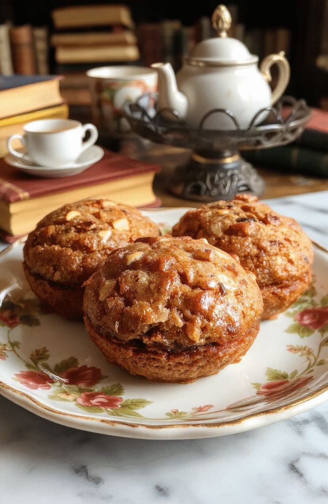 A delicate London Tea Cake on a vintage porcelain plate, topped with a swirl of creamy frosting and a sprinkle of powdered sugar, set against a dark wooden table with a steaming teapot and a teacup in the background, evoking Victorian elegance and cozy afternoon tea vibes.