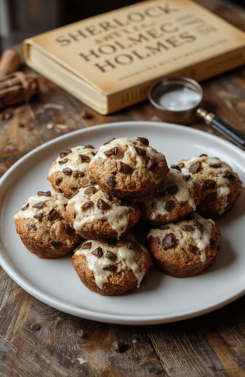 Vivid close-up of Sherlock Holmes Mystery Muffins on a rustic wooden table. The muffins have a golden-brown crust with intricate patterns resembling detective motifs. Decorated with tiny edible magnifying glasses and clues, the muffins are nestled in vintage paper liners. The background features a magnifying glass, a Sherlock Holmes novel, and a dark velvet cloth, creating a mysterious and cozy atmosphere.