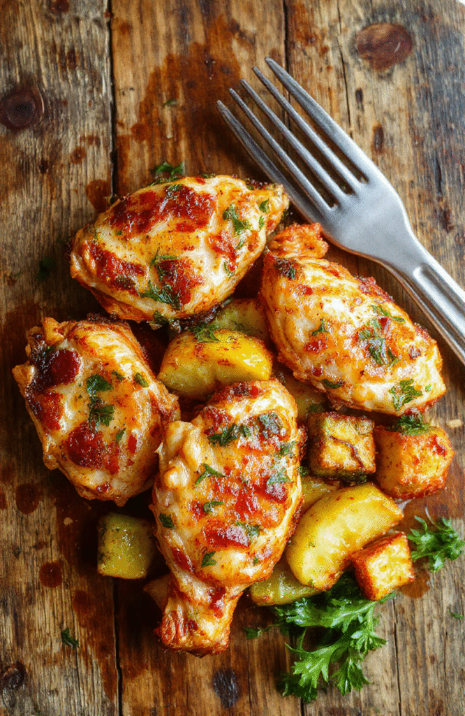 Colorful air fryer chicken breast and mixed vegetables arranged on a white plate, highlighting crispy textures and vibrant ingredients, styled casually with a rustic background.