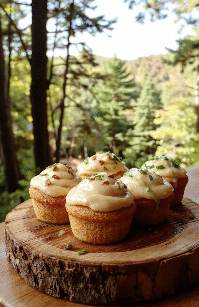 Colorful Slytherin’s Secret Butterbeer Cupcakes arranged on a rustic wooden tray. The cupcakes are topped with green and gold frosting, adorned with themed edible decorations resembling magical elements. The background features a dark, enchanted forest ambiance with subtle sparkle effects, emphasizing a mystical, wizard-inspired presentation with a touch of elegance.