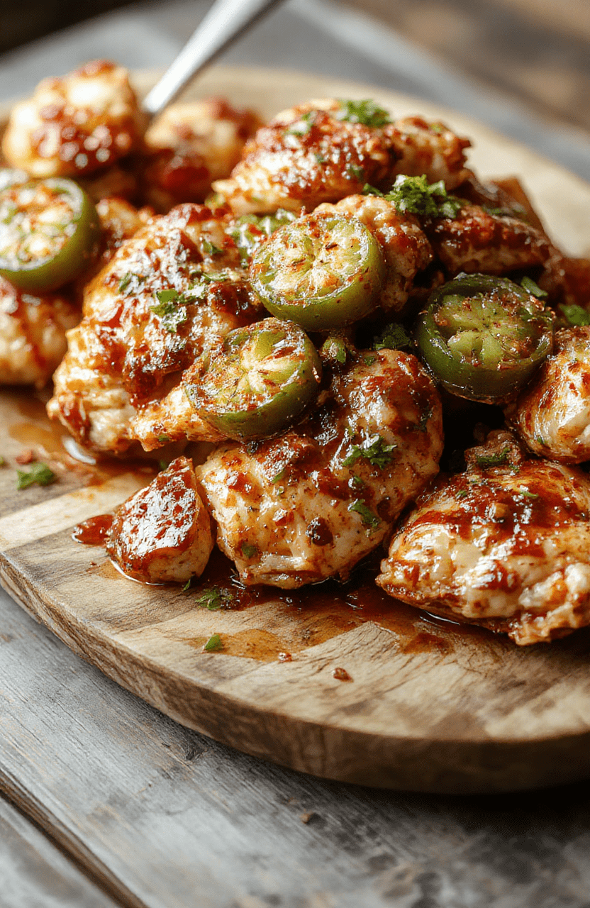 A vibrant plate of spicy jalapeño chicken featuring golden-brown chicken pieces topped with sliced fresh jalapeños and chopped cilantro, served alongside lime wedges. The dish is served on a rustic wooden platter with textured garnishes and colorful ingredients, with a blurred background of a cozy kitchen setting.