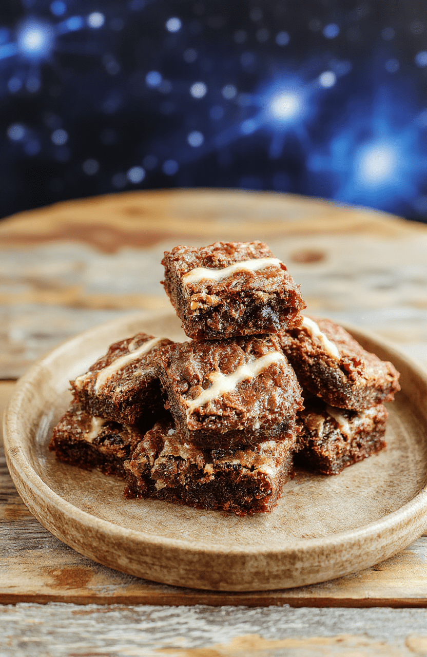 Rich, fudgy Chewbacca-themed brownies decorated with edible details resembling the iconic Wookiee character, displayed on a dark wooden board with a galaxy-themed background, brown and black hues with shiny surfaces, styled for a fun sci-fi celebration
