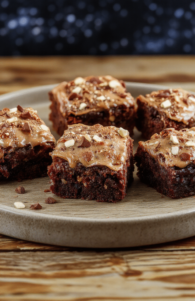 A plate of Chewbacca-inspired brownies decorated with edible details resembling the iconic Wookiee character, set on a wooden surface with starry backdrop, highlighting rich chocolate textures and playful decorative elements.