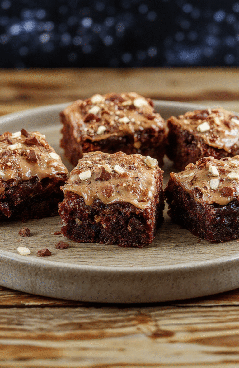 A plate of Chewbacca-inspired brownies decorated with edible details resembling the iconic Wookiee character, set on a wooden surface with starry backdrop, highlighting rich chocolate textures and playful decorative elements.