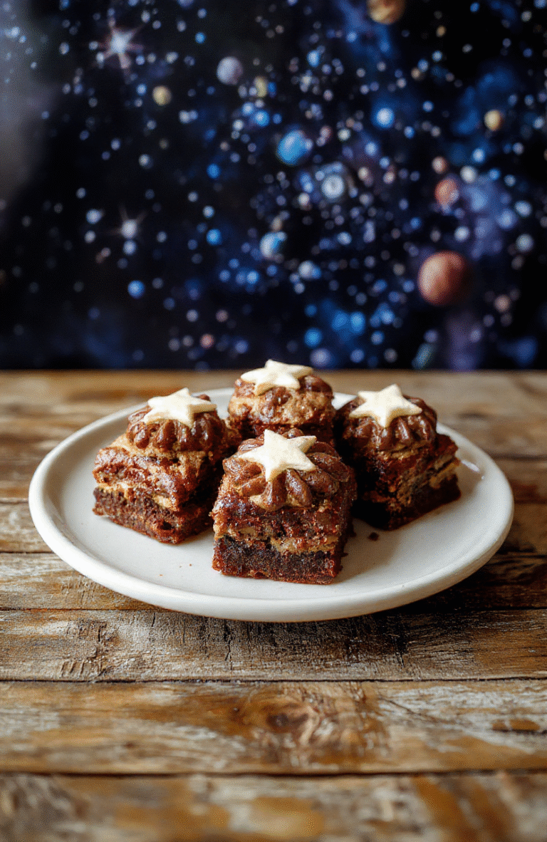 A close-up of Chewbacca-themed brownies on a rustic wooden board, decorated with brown and tan frosting to resemble Chewbacca's fur, topped with edible eyes, and scattered with star-shaped sprinkles, set against a starry backdrop.
