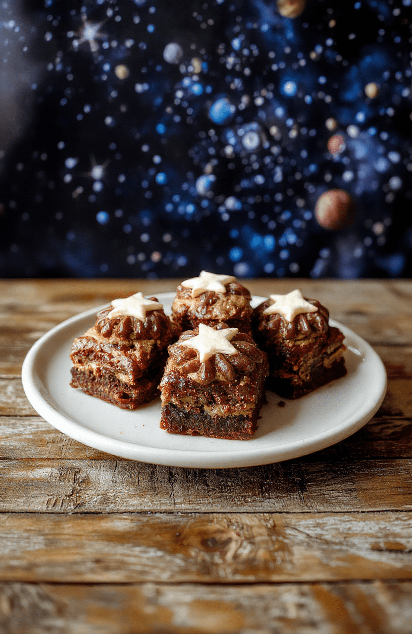 A close-up of Chewbacca-themed brownies on a rustic wooden board, decorated with brown and tan frosting to resemble Chewbacca's fur, topped with edible eyes, and scattered with star-shaped sprinkles, set against a starry backdrop.