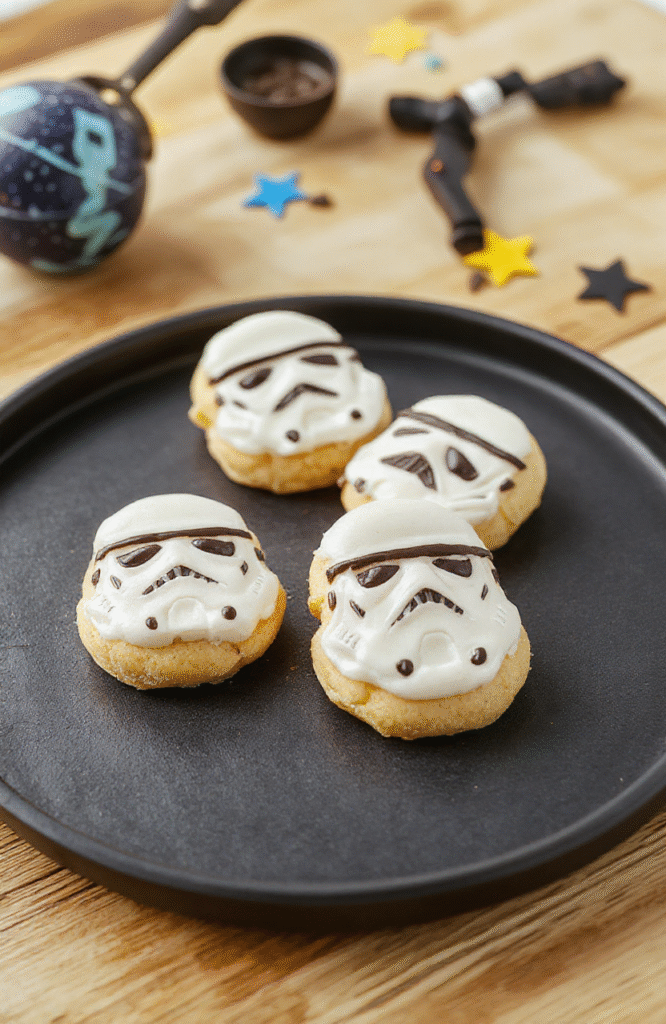 White Stormtrooper-shaped sugar cookies with black detailing on a dark matte surface, surrounded by subtle galaxy-themed decorations and soft lighting emphasizing their crisp edges and smooth icing textures.