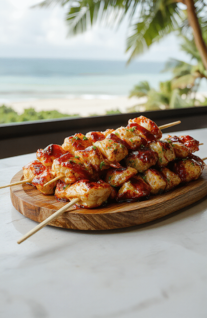 Colorful Stitch Island BBQ Skewers arranged neatly on a rustic wooden platter, featuring vibrant grilled meats, bell peppers, and pineapple chunks, garnished with fresh herbs, with char marks and glossy glaze, styled for a tropical island vibe.