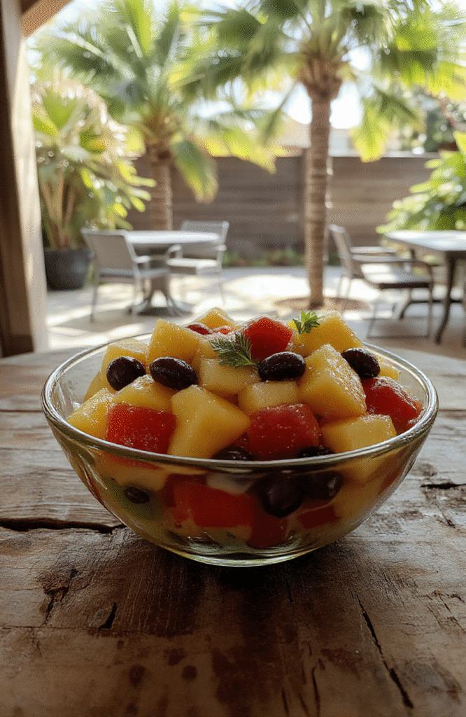 Vibrant and colorful Stitch Ohana Fruit Salad in a clear glass bowl, featuring fresh pineapple, watermelon, strawberry slices, blueberries, and kiwi, garnished with mint leaves, arranged beautifully on a white plate with tropical leaves in the background, capturing a cheerful and tropical vibe.