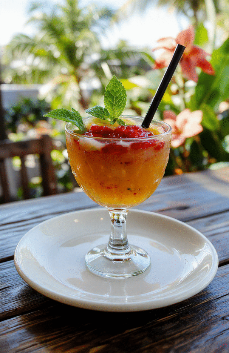 Vibrant colorful tropical drink in a tall glass garnished with fresh pineapple slices, tropical flowers, and a paper umbrella. The punch is layered with bright orange, pink, and green hues, with condensation on the glass and a loosely styled tropical backdrop with palm leaves and sandy beach accents.