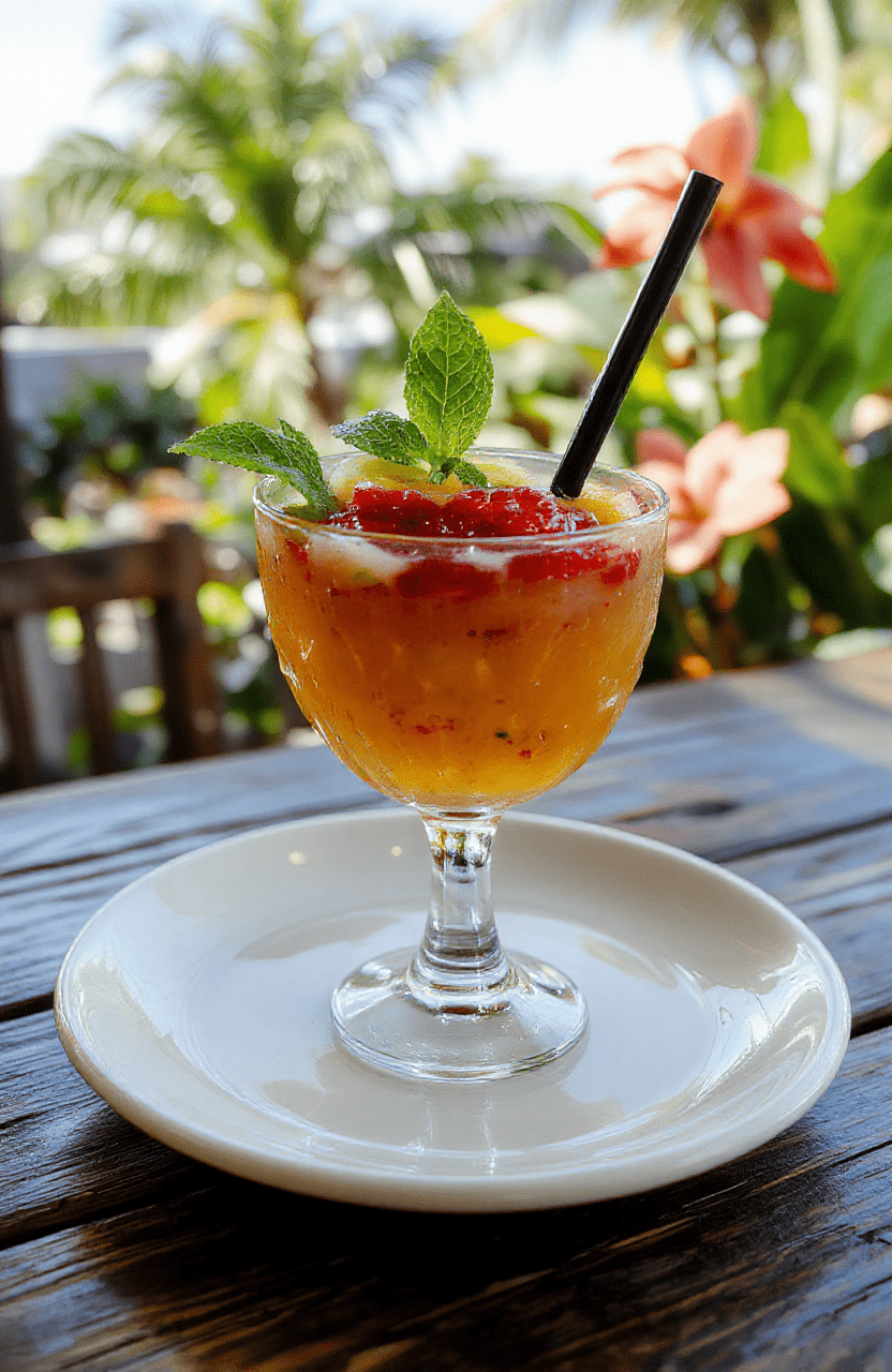 Vibrant colorful tropical drink in a tall glass garnished with fresh pineapple slices, tropical flowers, and a paper umbrella. The punch is layered with bright orange, pink, and green hues, with condensation on the glass and a loosely styled tropical backdrop with palm leaves and sandy beach accents.