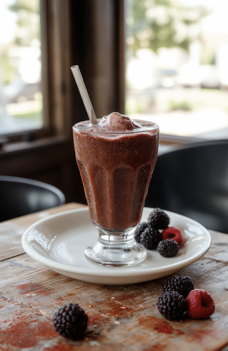 A vibrant chocolate blackberry upside-down milkshake in a tall glass with whipped cream and fresh blackberries, drizzled with chocolate syrup, on a rustic wooden table with a retro vibe.