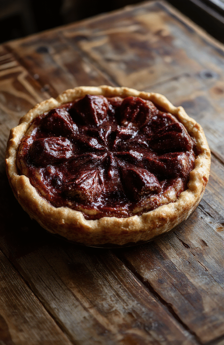 A dark, eerie Demogorgon-shaped pie with a crust designed to resemble a monstrous creature from Stranger Things, set on a wooden board with a dimly lit, mysterious background. The pie’s surface has intricate crust details mimicking monstrous textures, with hints of purple and black icing adding menacing accents. The scene is styled to evoke a creepy, supernatural vibe, perfect for a Halloween or horror-themed celebration.