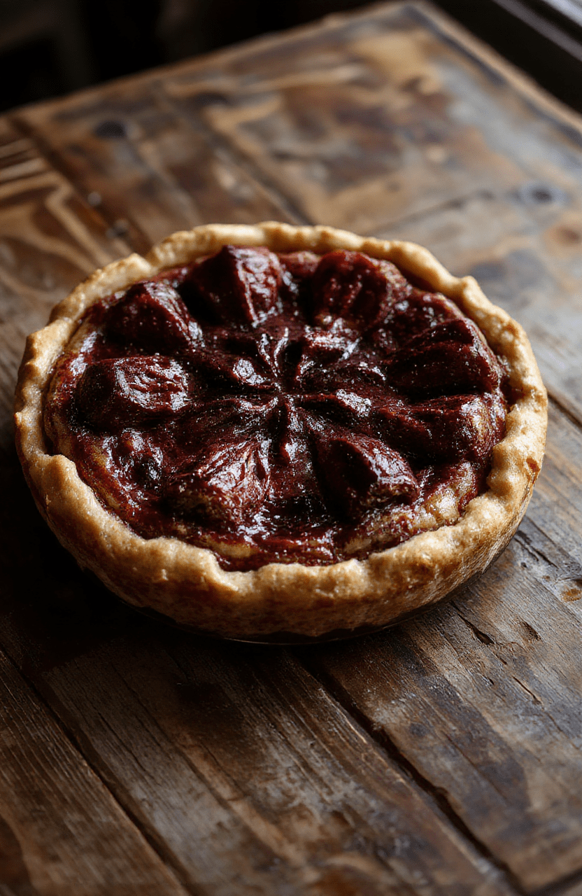 A dark, eerie Demogorgon-shaped pie with a crust designed to resemble a monstrous creature from Stranger Things, set on a wooden board with a dimly lit, mysterious background. The pie’s surface has intricate crust details mimicking monstrous textures, with hints of purple and black icing adding menacing accents. The scene is styled to evoke a creepy, supernatural vibe, perfect for a Halloween or horror-themed celebration.