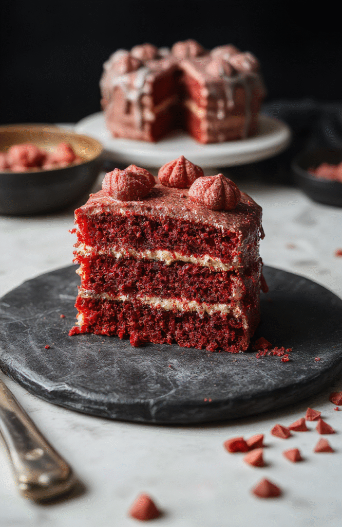 A vibrant red velvet cake decorated with intricate Demogorgon-inspired frosting, topped with edible eyes and tentacle-like details, presented on a dark slate plate for a theatrical, spooky vibe. The cake's texture looks moist and fluffy with rich red hues contrasted by dark, ominous accents, styled for a horror-themed celebration.