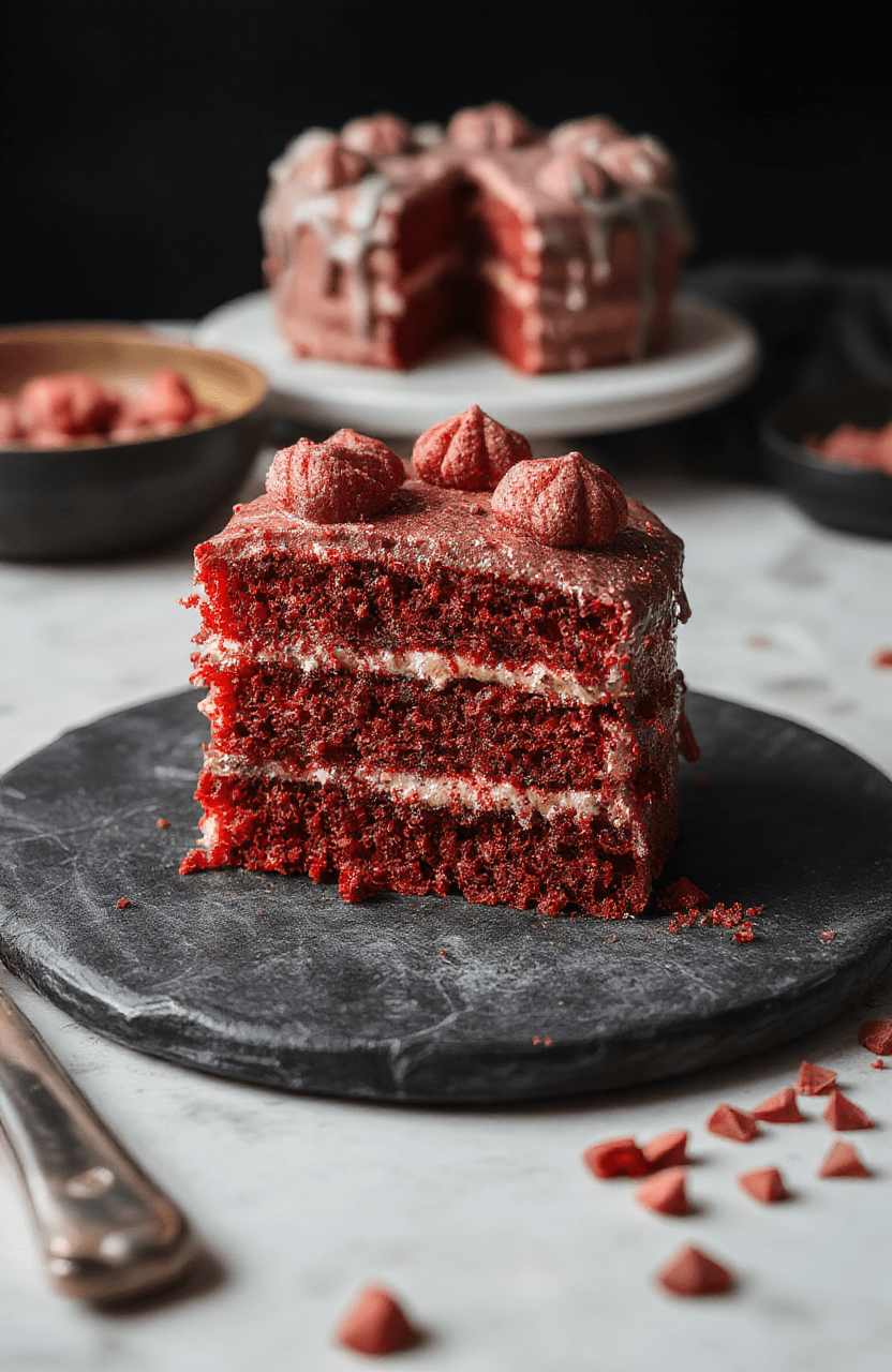 A vibrant red velvet cake decorated with intricate Demogorgon-inspired frosting, topped with edible eyes and tentacle-like details, presented on a dark slate plate for a theatrical, spooky vibe. The cake's texture looks moist and fluffy with rich red hues contrasted by dark, ominous accents, styled for a horror-themed celebration.
