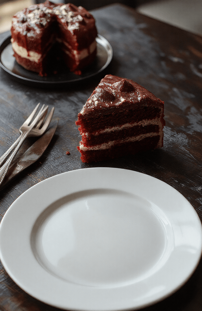 A vibrant red velvet cake decorated with dark chocolate ganache, themed after the Demogorgon from Stranger Things. The cake sits on a black platter with edible tentacle-like decorations, with a hint of grey-ish dusting to mimic the creature's eerie look. The background features Hawkins Laboratory-inspired props and dim, atmospheric lighting, emphasizing the spooky, cinematic theme.