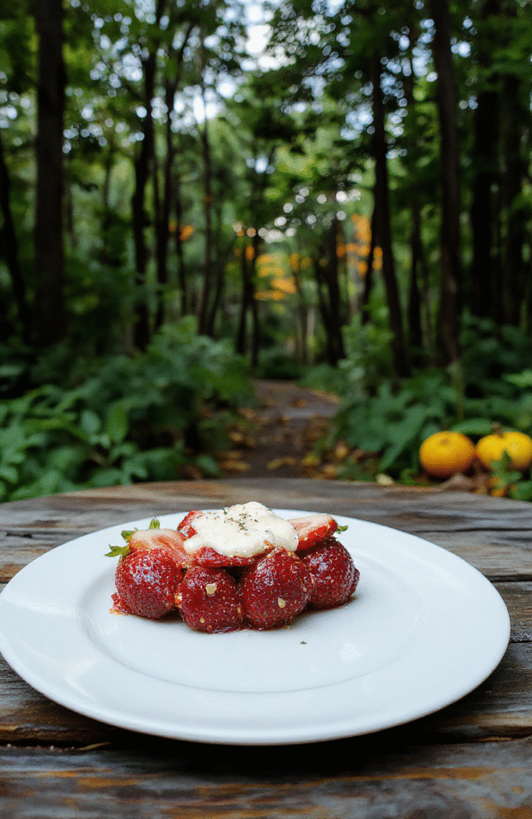 A vibrant spooky dessert featuring layered strawberries and orange pumpkin-shaped pumpkin pieces on a dark slate plate, garnished with edible black glitter and mini black candies, styled with eerie glowing lights and vintage horror props in the background.