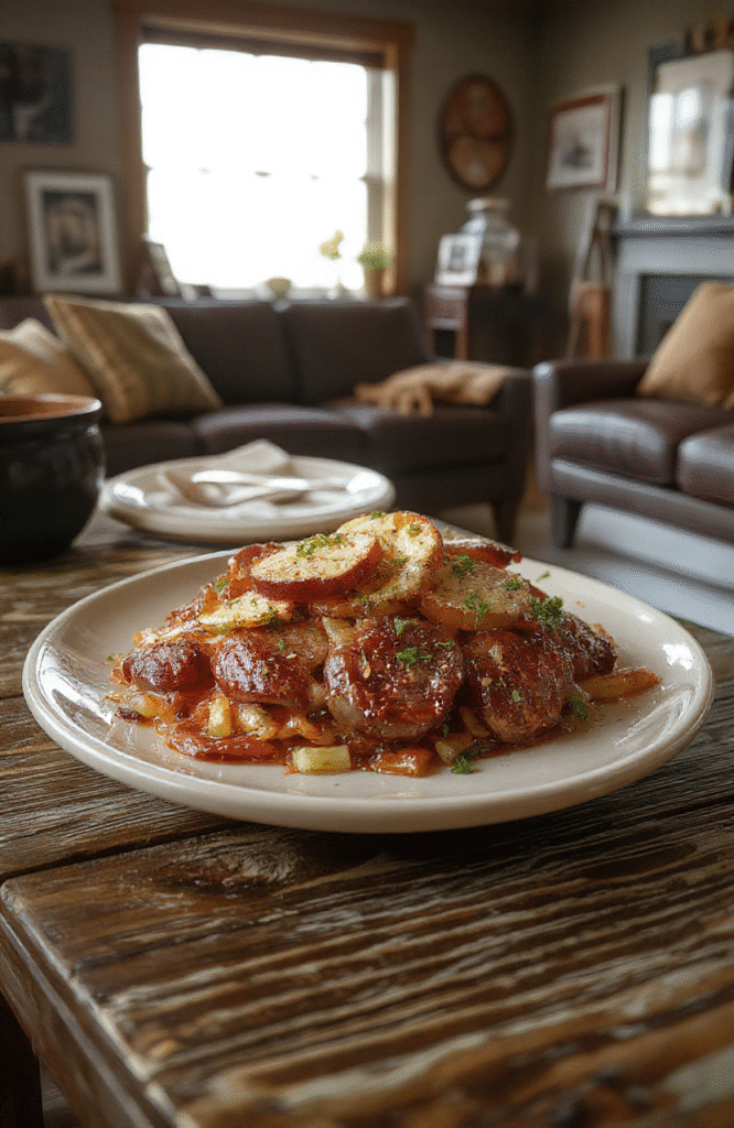 A rustic bowl filled with caramelized onion soup topped with a golden cheese crouton, surrounded by nostalgic Hawkins memorabilia and soft dim lighting, styled to evoke a cozy, eerie atmosphere from Stranger Things